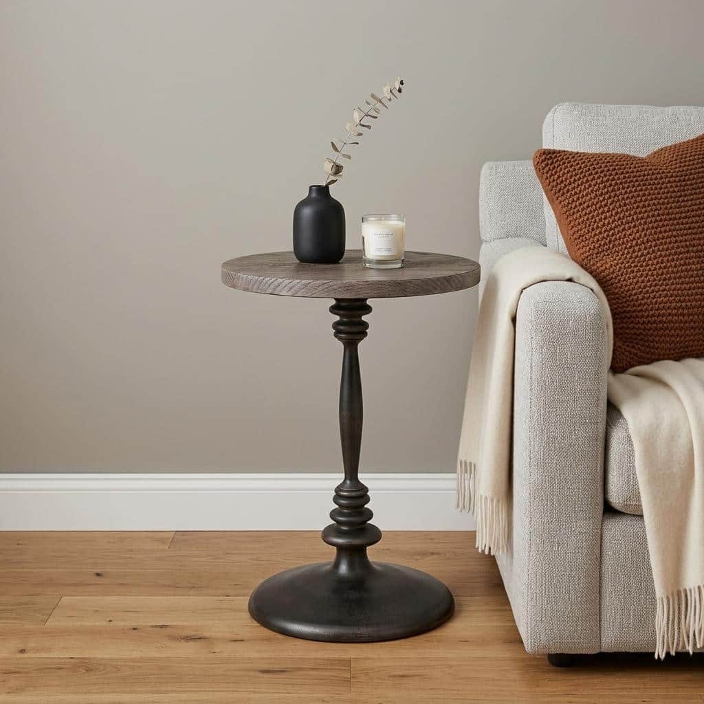 HomeRoots 21" Natural and Black Distressed Solid Wood and Iron Round Pedestal End Table - 16.00 in. x 21.00 in. x 16.00 in.