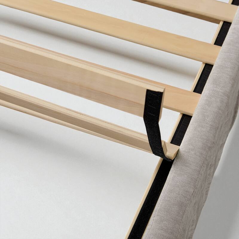 Queen Upholstered Platform Bed with Pleated Chenille Headboard, Built-in Bedside Table & Adjustable Lamps, No Box Spring