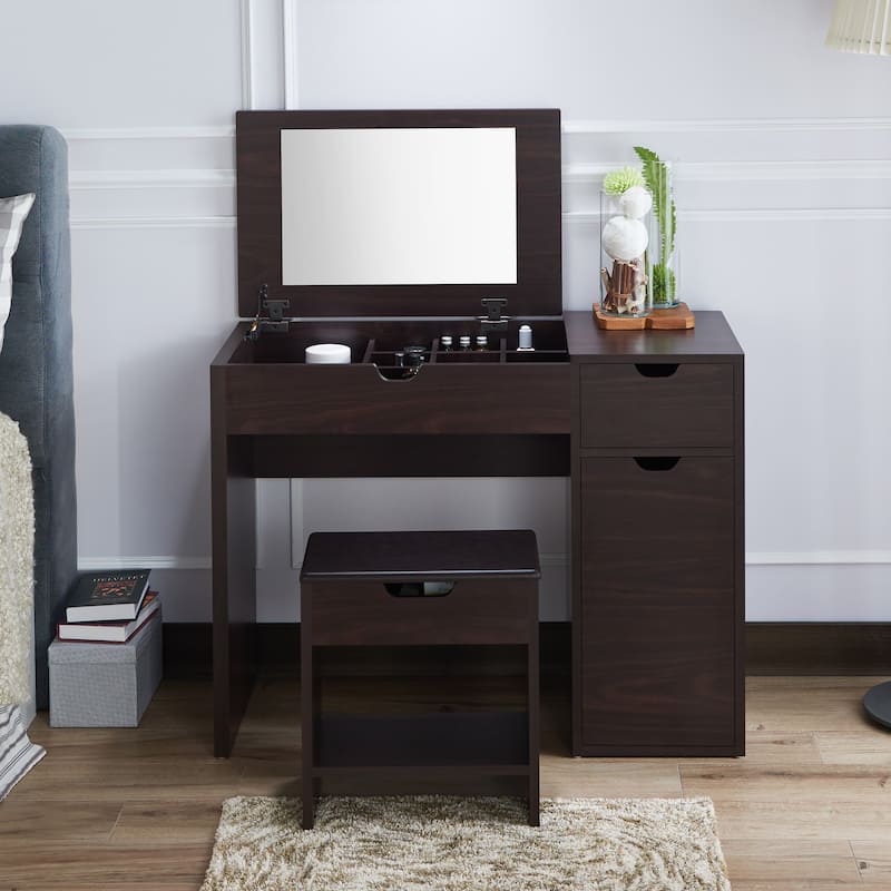 DH BASIC Modern Walnut 36" Storage Vanity and Stool Set by Denhour