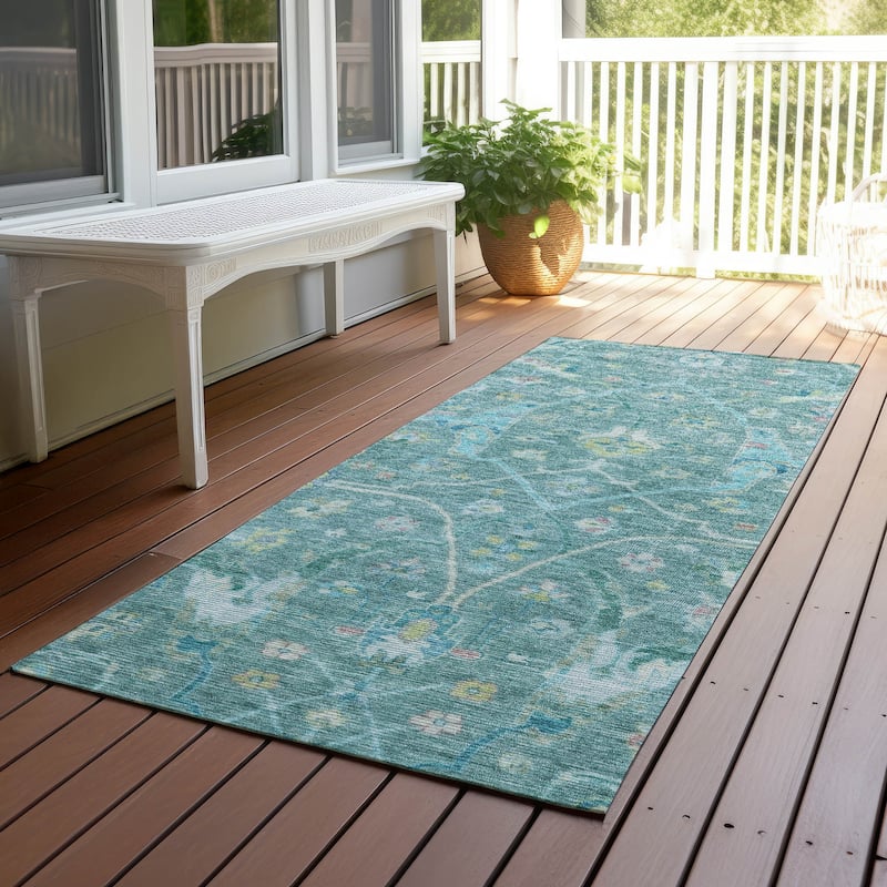 Machine Washable Indoor/ Outdoor Traditional Vintage Chantille Rug - Teal - 2'3" x 7'6"