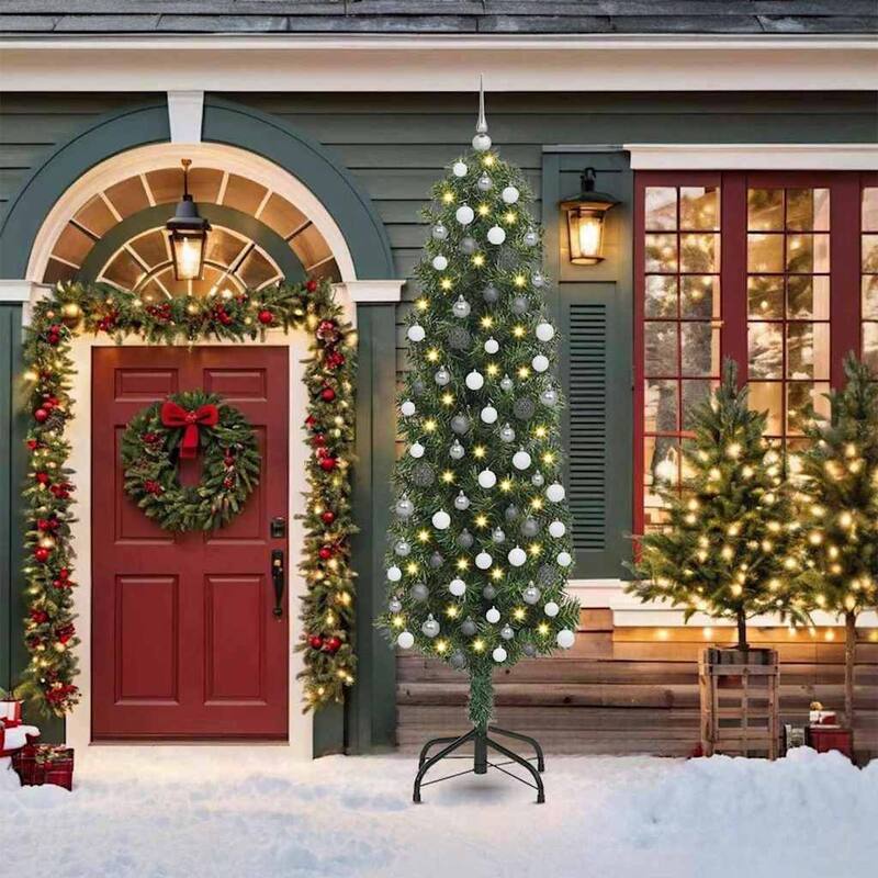 vidaXL Artificial Christmas Tree Green - Green with LEDs and white/grey balls - 4 Foot