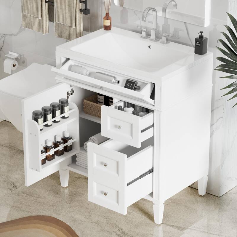 30'' Bathroom Vanity with Top Sink, Modern Bathroom Storage Cabinet with 2 Drawers, a Tip-out Drawer and Adjustable Shelf