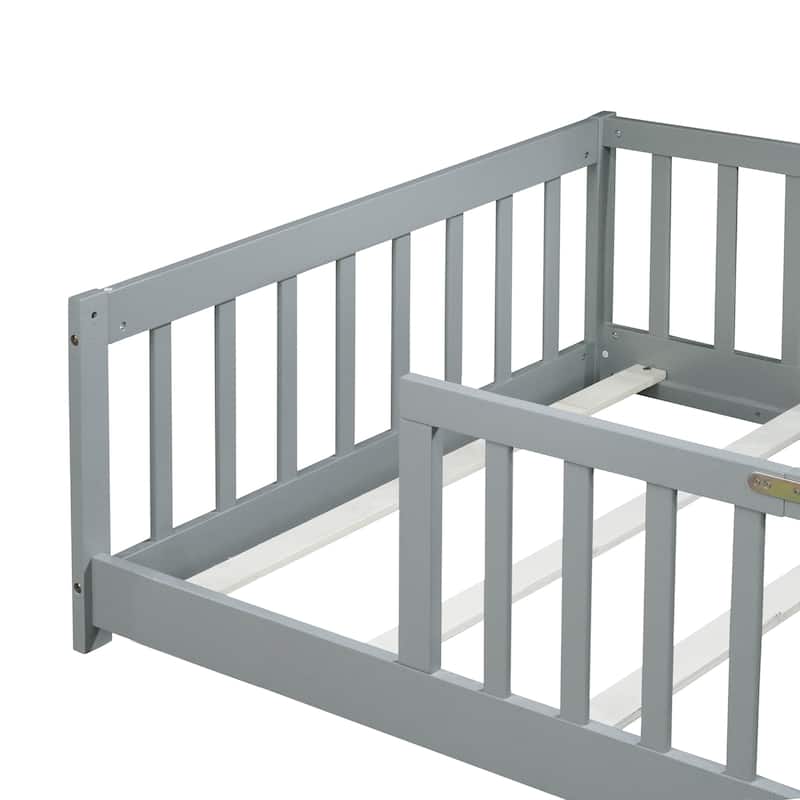 Rubber Wood Twin Size Floor Bed with Fence without Door