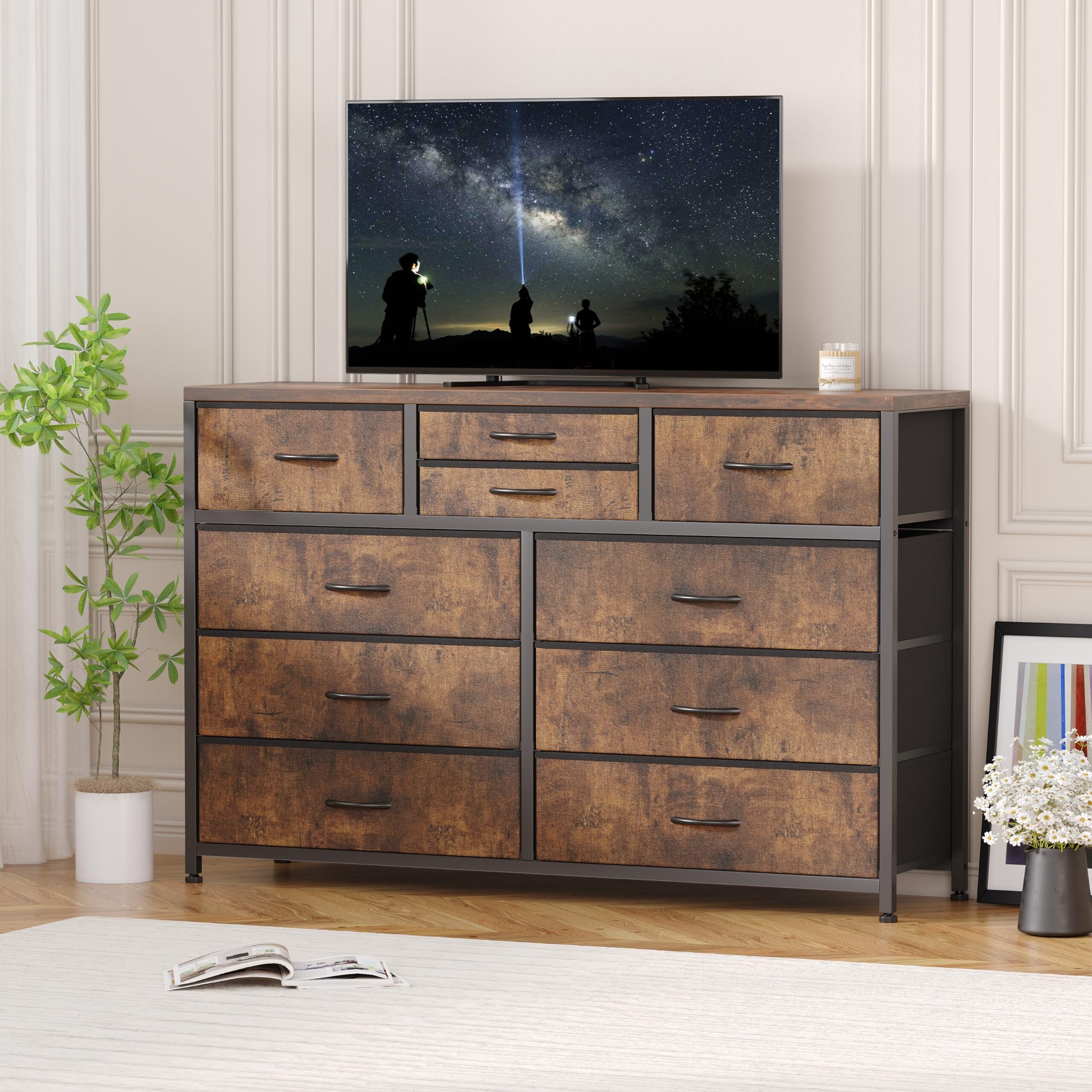 Wide 10 Drawer Fabric Dresser TV Stand, Steel Frame Storage Chest with Wood Top