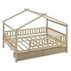 preview thumbnail 38 of 42, Full Size House Bed with Storage Drawers, Wooden Bed Frame with Fence & Wood Slat Support for Boys, Girls, No Box Spring Needed
