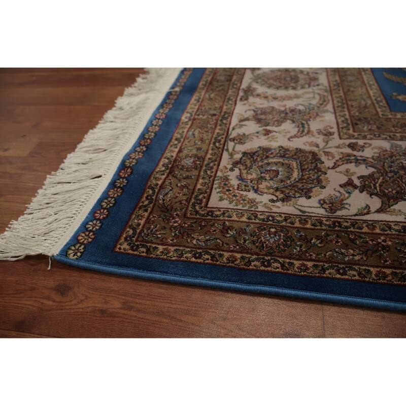 Machine Made Oriental 90% Silk - 10% Polyester Carpet Traditional Floral Navy Blue & Blues Qum Area Rug - 9' 10'' X 6' 7''