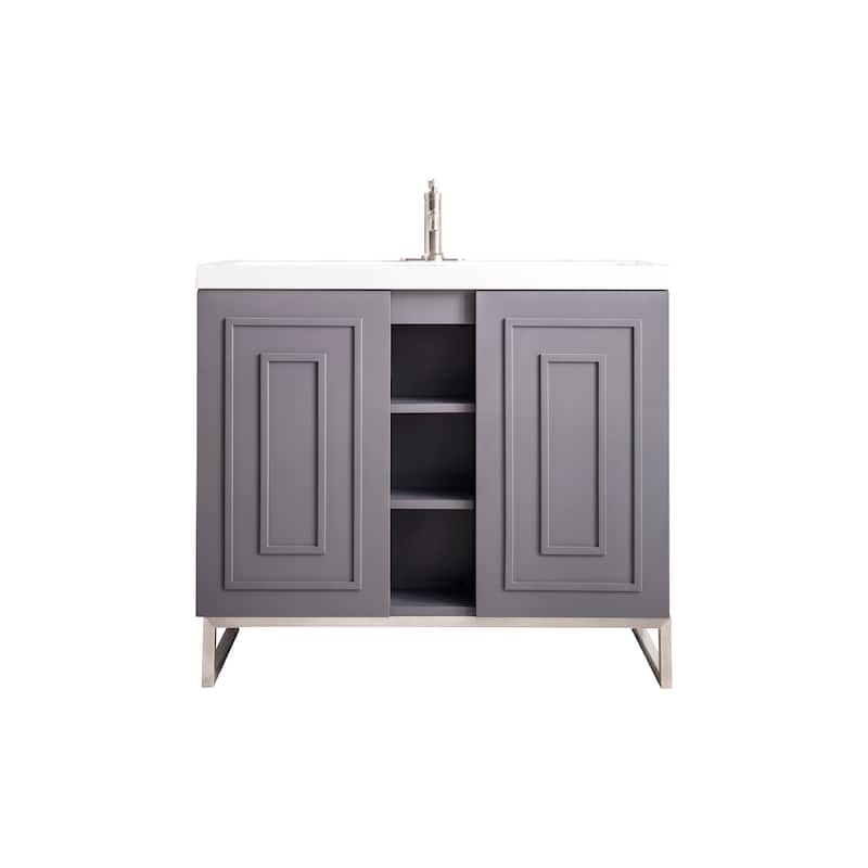 James Martin Vanities Alicante 39.5" Single Vanity Cabinet, Gray Smoke, w/ White Glossy Composite Stone Countertop