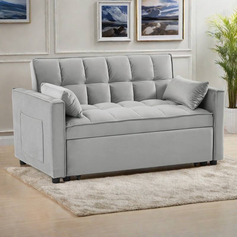 55.2" Velvet 2-in-1 Convertible Sofa Bed with Adjustable Backrest - Gray