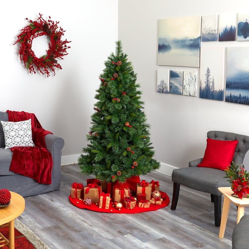 6' Aberdeen Spruce Artificial Christmas Tree with 350 Clear LED Lights, Pine Cones and Red Berries