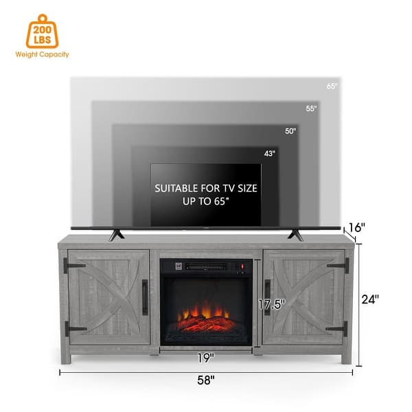 dimension image slide 3 of 4, 58-Inch Farmhouse Electric Fireplace TV Stand with Storage Cabinets and Adjustable Shelves