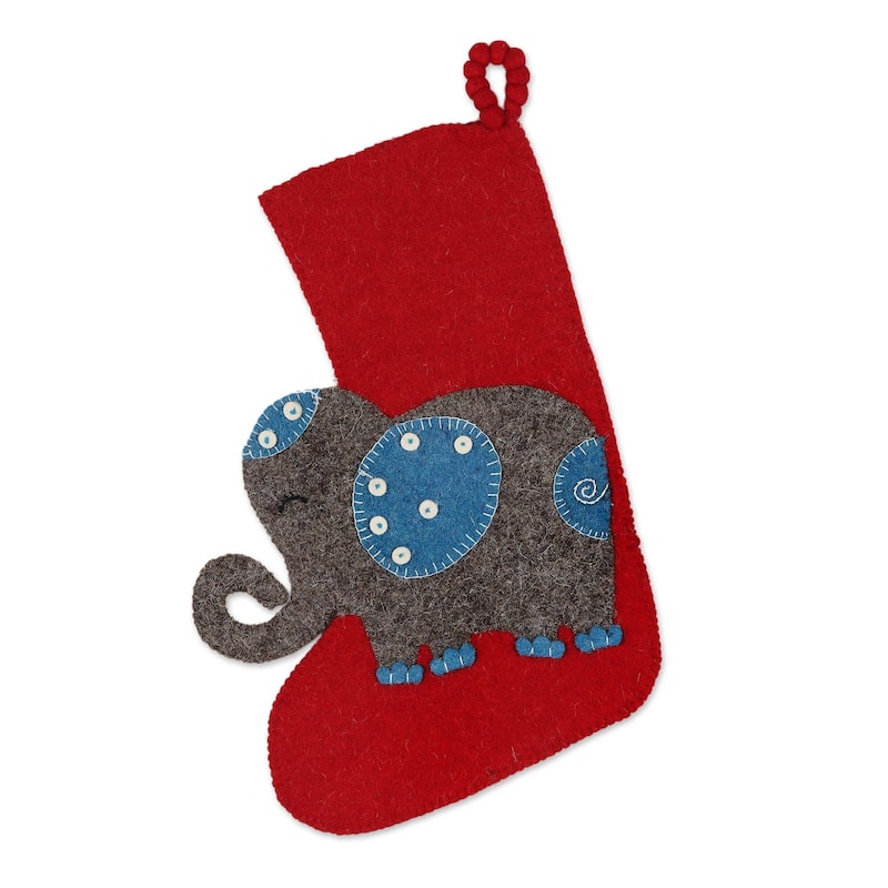 Novica Handmade Festive Elephant In Red Wool Christmas Stocking