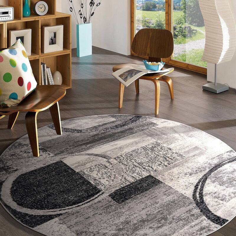 World Rug Gallery Abstract Polypropylene Machine-Made Circle Area Rug - 6'6" Round - Cream