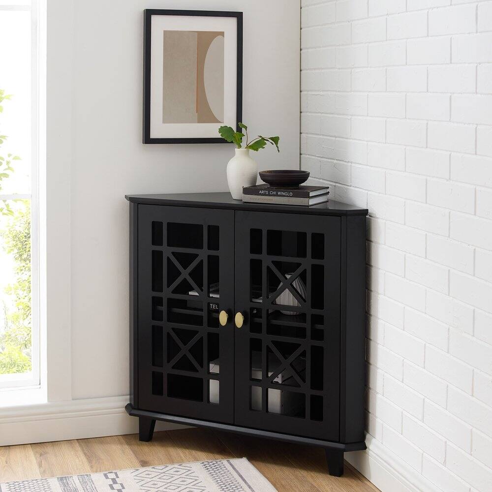 Transitional Fretwork Doors Corner Accent Cabinet, Black