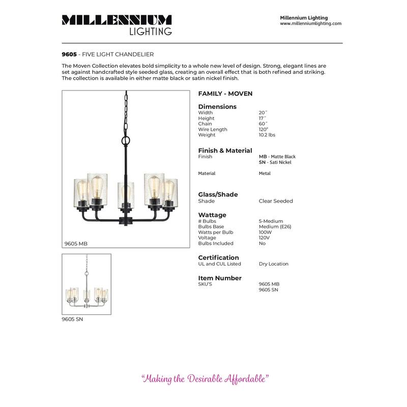 Millennium Lighting Moven 5 Light Metal Chandelier in Multiple Finishes with Seeded Glass Shades - Satin Nickel