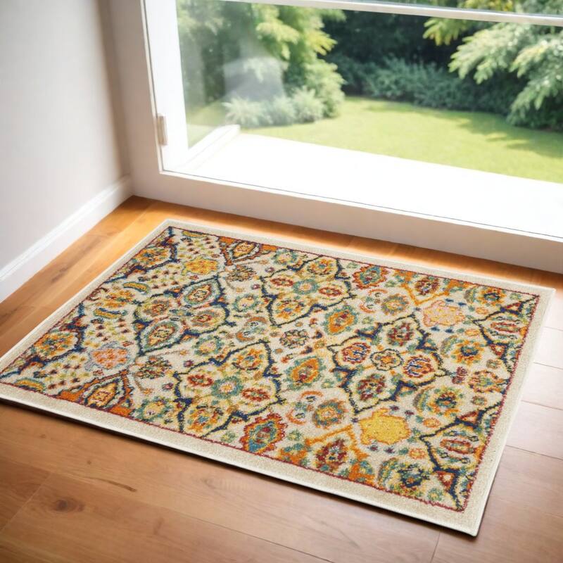 Cidij Power Loomed Floral Traditional Low Pile Durable Area Rug By HomeRoots - 60' X '36' X '0.25 - 60' X '36' X '0.25 - Cream/Onyx - Rectangle