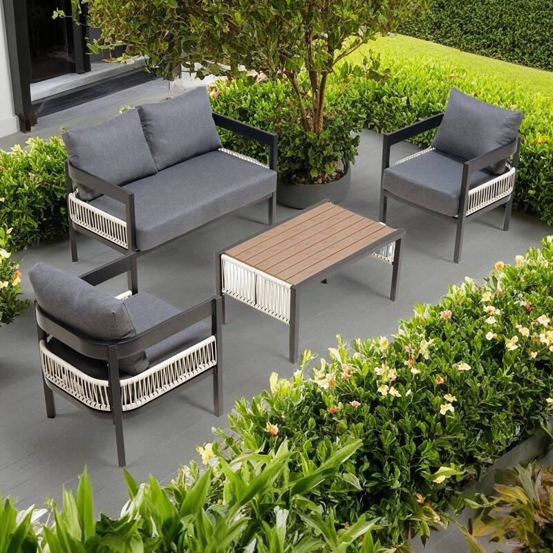 4-Piece Outdoor Iron Cnversation Sofa Set with Coffee Table, Rattan Decoration - Grey