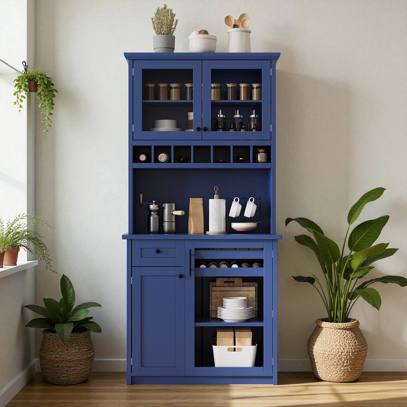 Farmhouse 35" Freestanding Buffet with Hutch, Tall Kitchen Pantry Cabinet with Wine Rack, Drawer, and Adjustable Shelves - Blue