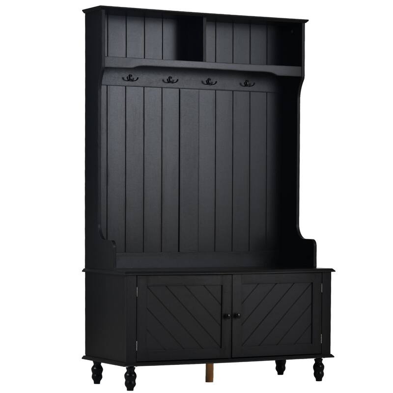 4-in-1 Versatile Hall Tree Wood Entryway Coat Hanger Built-in Storage Bench With Two Top Open Storage Shelves Entryway Coat Rack