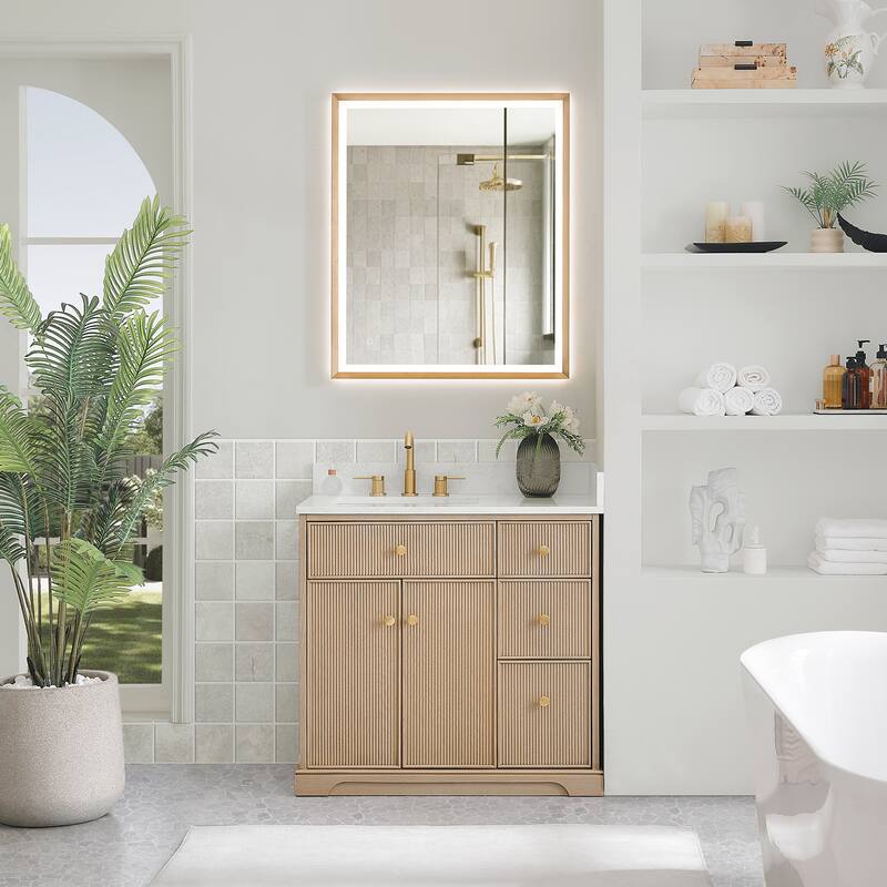 Barnett Bathroom Vanity in Natural Oak with Grain White Engineered Stone Countertop No Mirror - 36"x34"