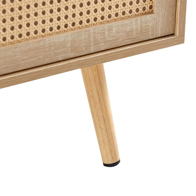 Rattan Coffee Table Modern Living Room Table with Sliding Rattan Door Panel Solid Wood Legs, for Living Room