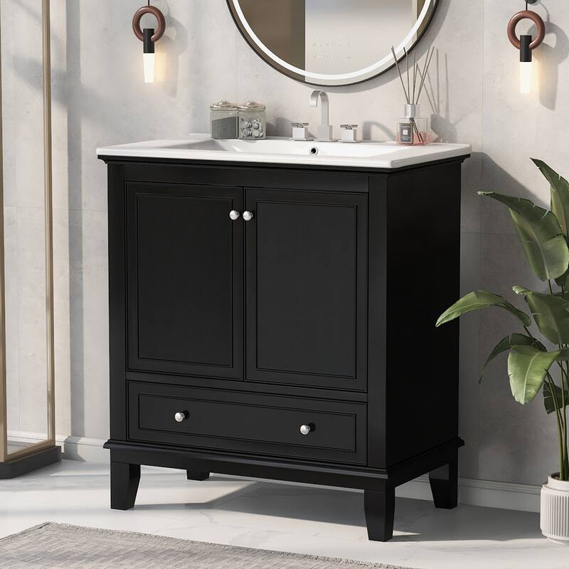 30" Bathroom Vanity with Ceramic Sink Combo, Multi-functional Bathroom Storage Cabinet with 2 Doors and 1 Drawer