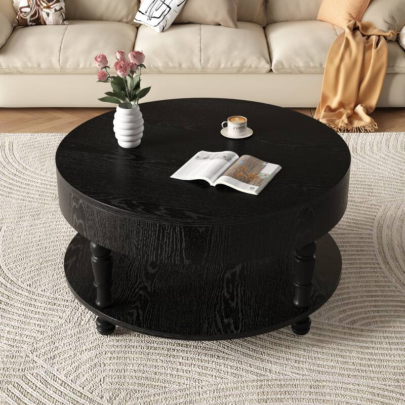 31.5" Modern Round Coffee Table with Adjustable Leveling Feet and Dual Storage