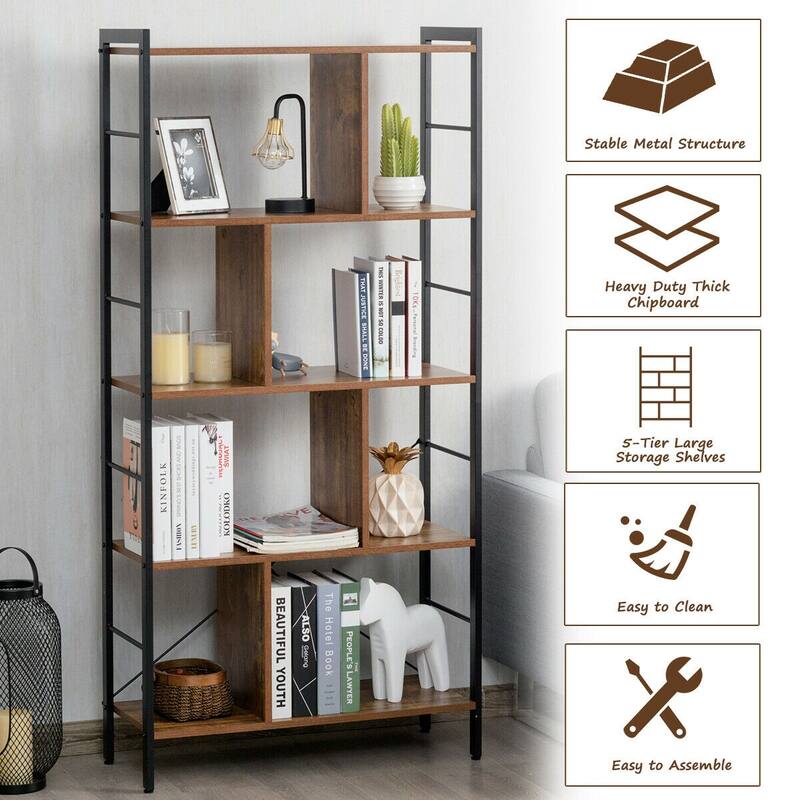 Modern Industrial 4-Tier Bookcase with Sturdy Metal Frame and Dividers - 29" x 12" x 61"