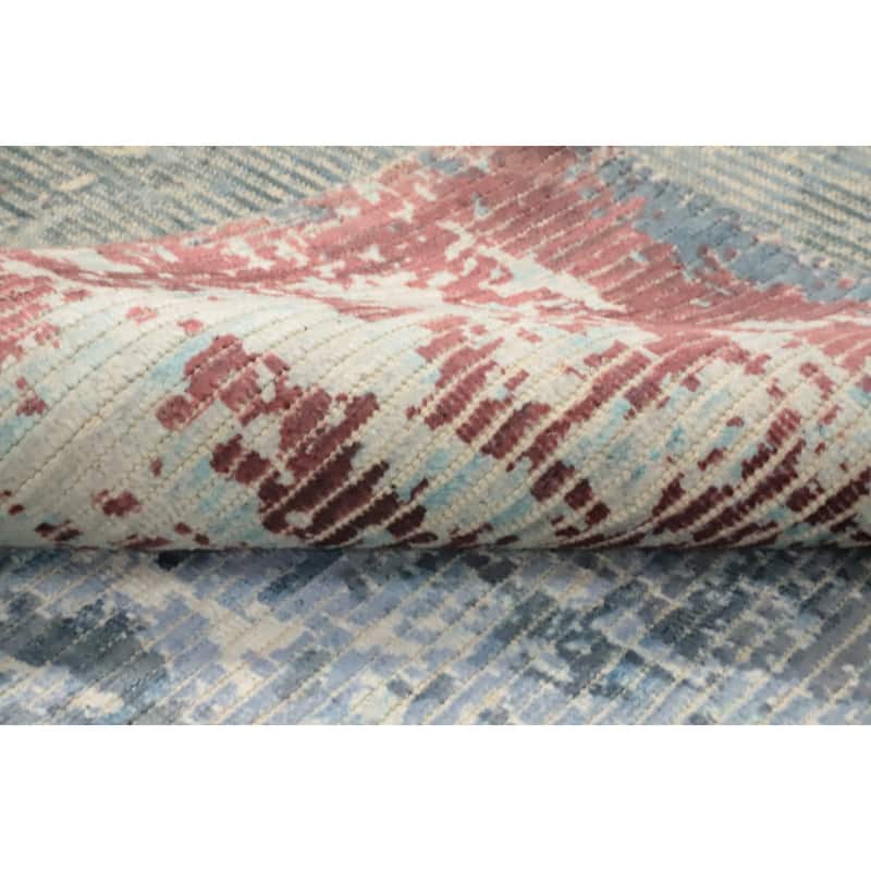 Hand Knotted Oriental Viscose Silk Carpet Modern Abstract Navy Blue & Blues Abstract Area Rug - 7' 10'' X 5' 0''