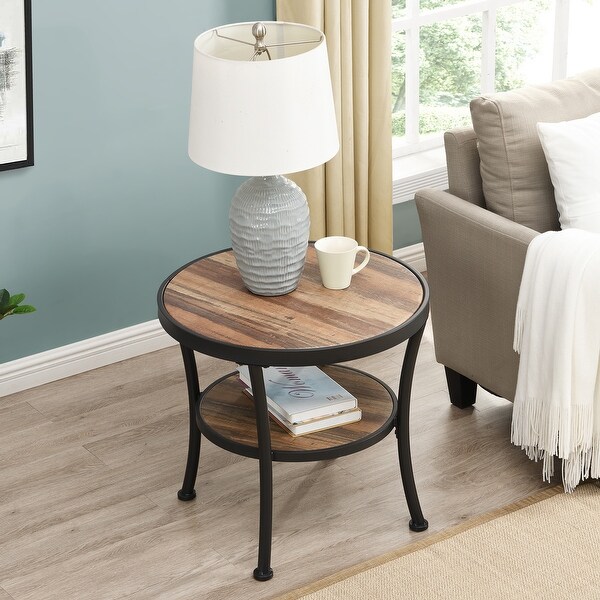 Myhozm Rustic Round End Table with Storage Industrial Side Table for Living Room Bown