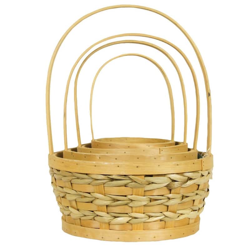 Set Of 4 Long Handled Seagrass Accented Wood Slat Baskets