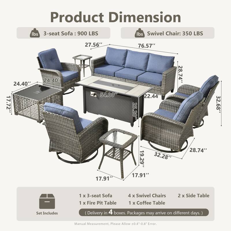 HOOOWOOO 9-piece Grey Wicker Outdoor Fire pit Set with Swivel Chairs