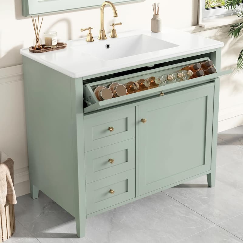 Bathroom Vanity with Sink, Modern MDF and Rubberwood Cabinet with 3 Drawers and Adjustable Shelf