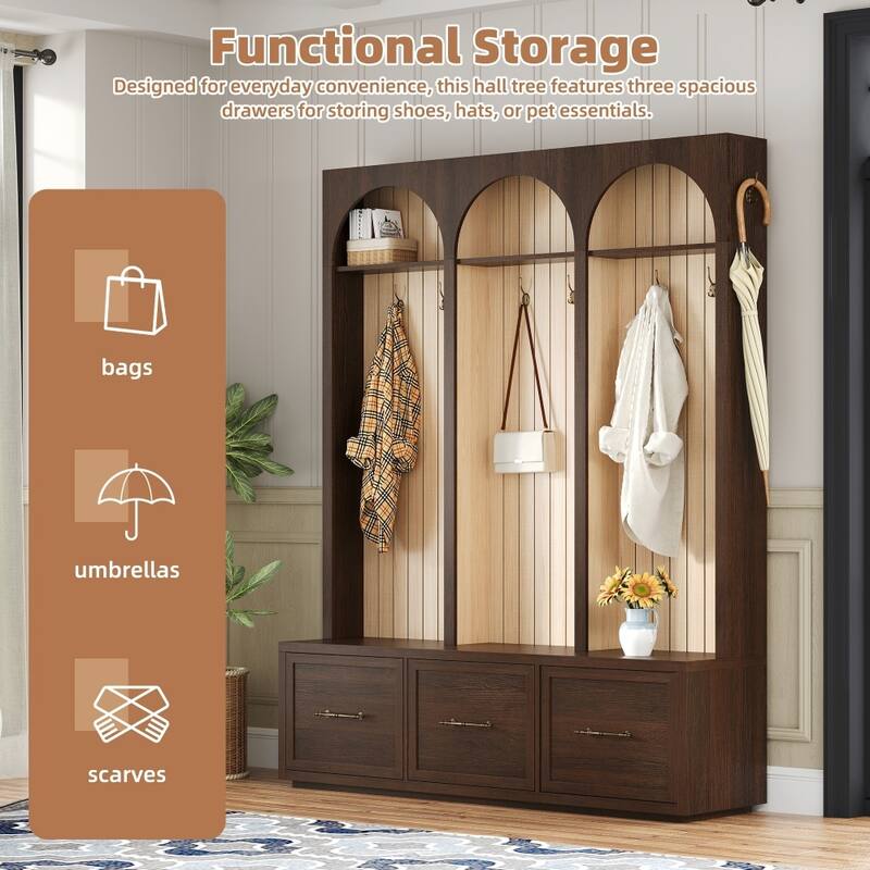 Farmhouse Wooden Hall Tree with Arched Design,8 Retro Hooks and 3 Drawers