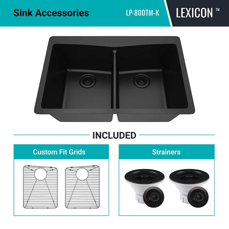 Lexicon Platinum Quartz 33 Inch Double Equal Bowl Undermount Kitchen Sink with Bottom Grids and Strainers , Disposal Flange