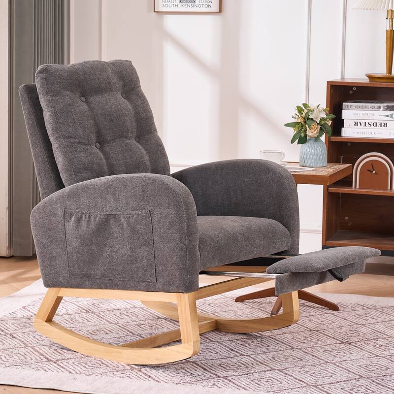 Gray Modern 26.77" High Back Upholstered Rocking Chair with Footrest and Rubber Wood Legs