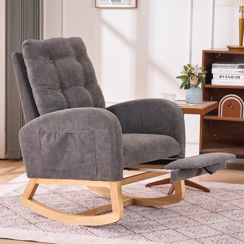 Upholstered Glider Chair with Thick Cushions, Rubber Wood Rocking Chair with Footrest, Lounge Recliner with Armrests