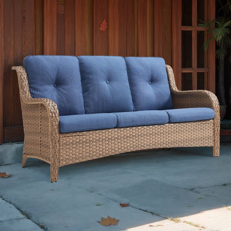 Gymojoy Patio Sofa PE Wicker 3-Seat Sofa - Yellow - Blue