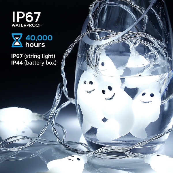 Halloween LED Copper Wire String Lights, Ghost Pendants, White, 8 Modes