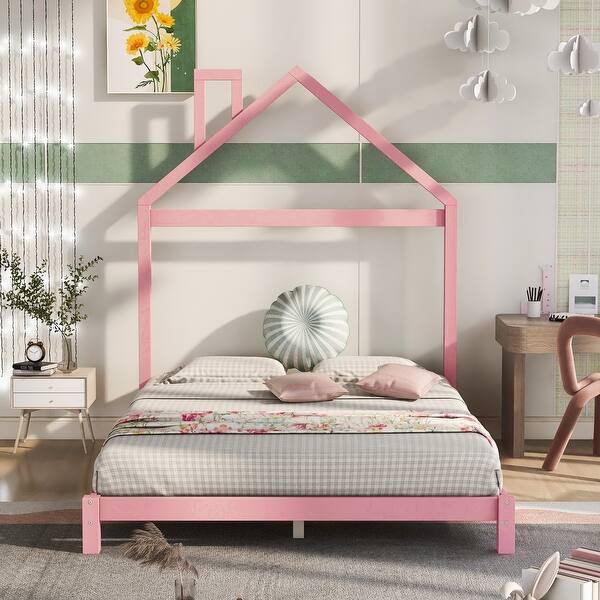 slide 2 of 41, Full Size Wood Platform Bed with House-Shaped Headboard and Sturdy Pine Frame Pink
