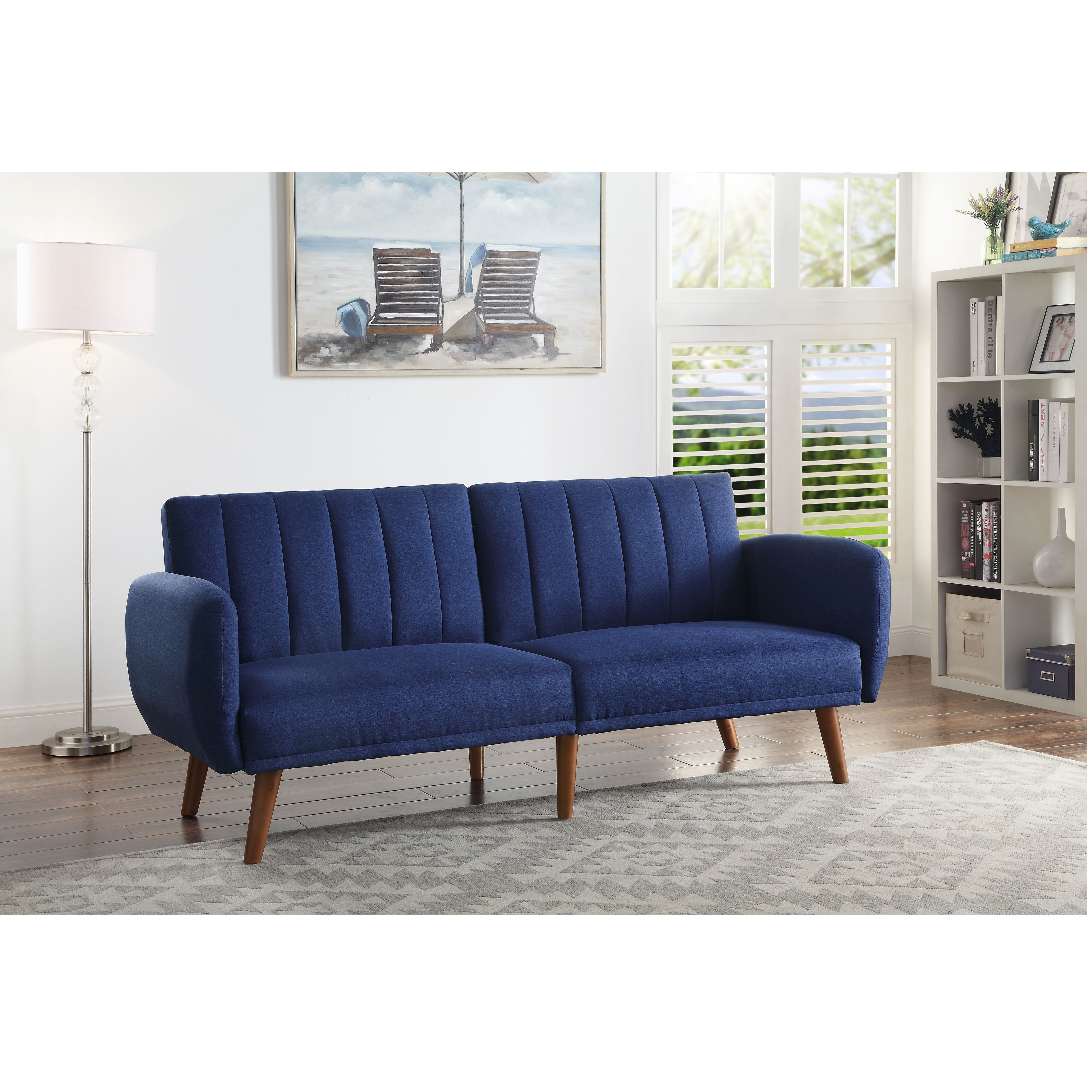 Contemporary Style Convertible Linen Fabric Sofa Bed Home Furniture Adjustable Upholstered Wood Frame Sofa and Wooden Foot