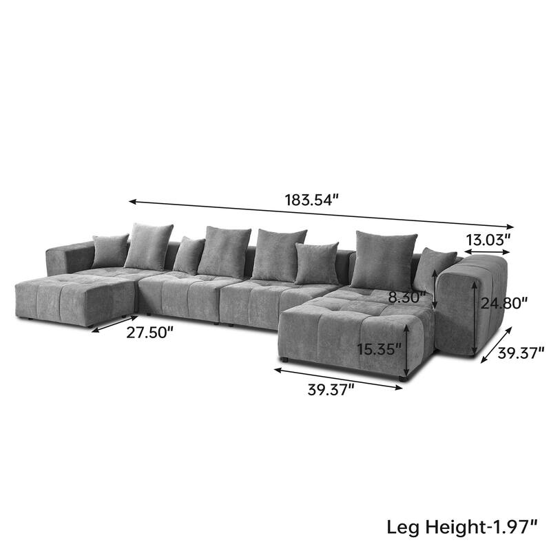 183.54" Linen Sectional Sofa U-shaped Modular Couch Wide Armrest Sofa with Pillows for Living Room