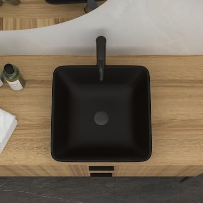 17 Inch Tempered Glass Bathroom Sink in Matte Black with Faucet and Pop-up Drain