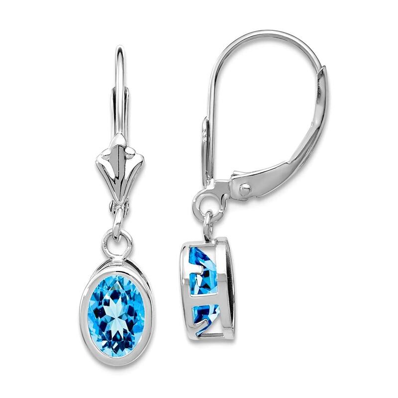 Curata 14k White Gold 7x5mm Oval Genuine Gemstones Bezel Leverback Earrings - 26x6mm - Blue Topaz