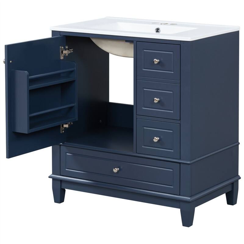 30" Bathroom Vanity with Ceramic Sink, Freestanding Bathroom Vanity Cabinet w/ 3 Storage Drawers, 1 Soft Close Door & Door Shelf