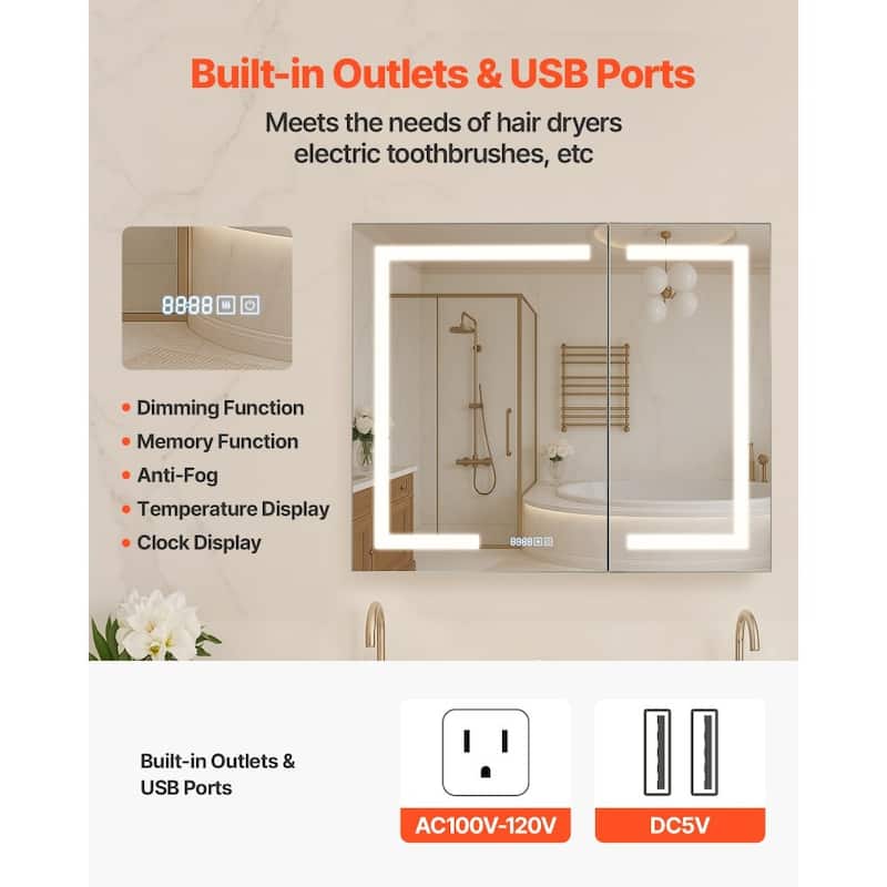 Wall or Recessed Mount LED Lights Bathroom Mirror Cabinet with Anti-Fog and Dimmer Sockets - 36” x 4.9” x 29.9”