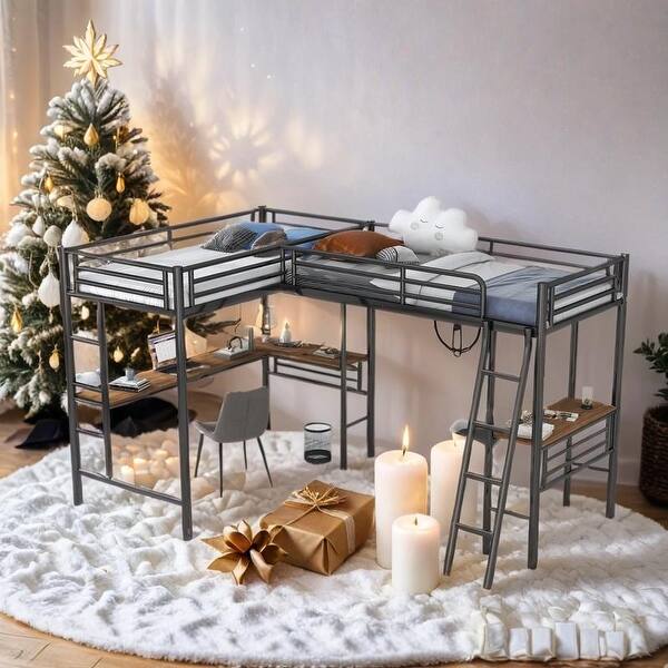 slide 2 of 15, Twin Size Metal Loft Bed with Two Built-in Desks, 2 Beds in 1, Black Black