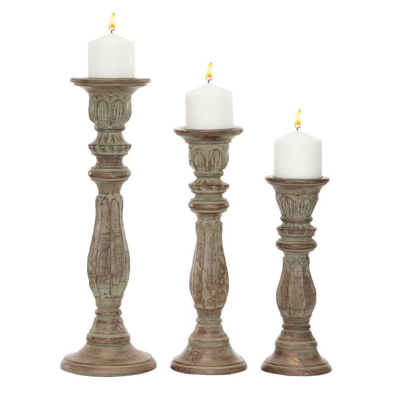 Mango Wood Candle Holder - Set of 3 Brown - Roche River Decor - 6"W x 6"L x 18"H