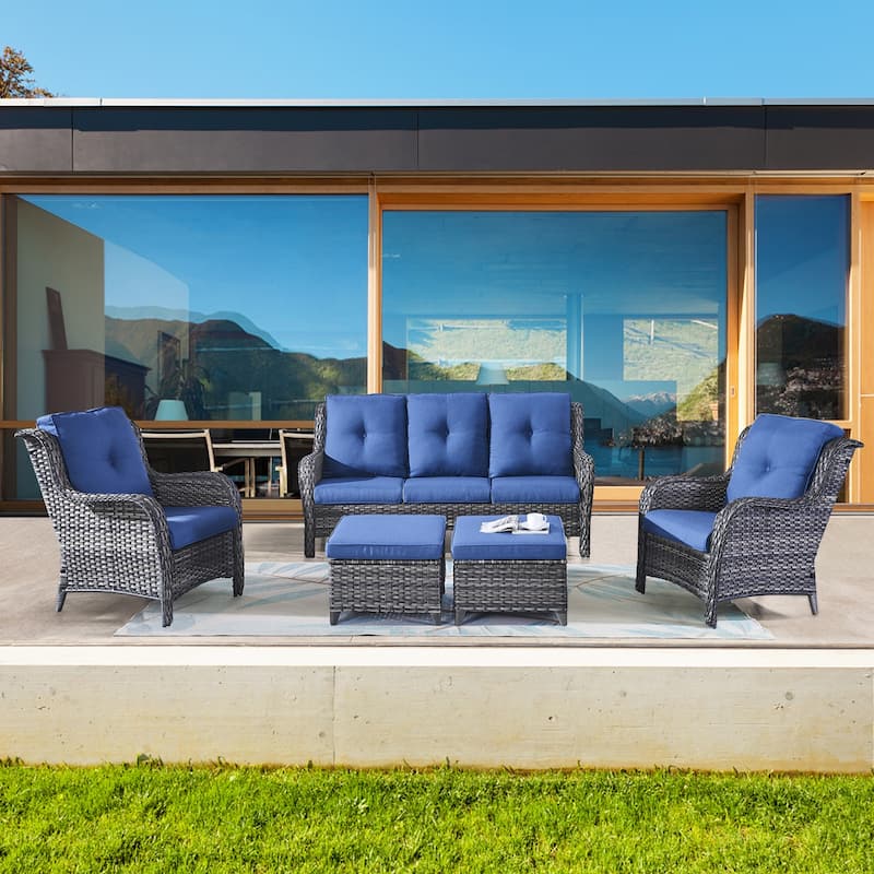 Gymojoy 5-Piece Outdoor Patio Sofa Chair with Ottoman Furniture Set - Grey/Blue