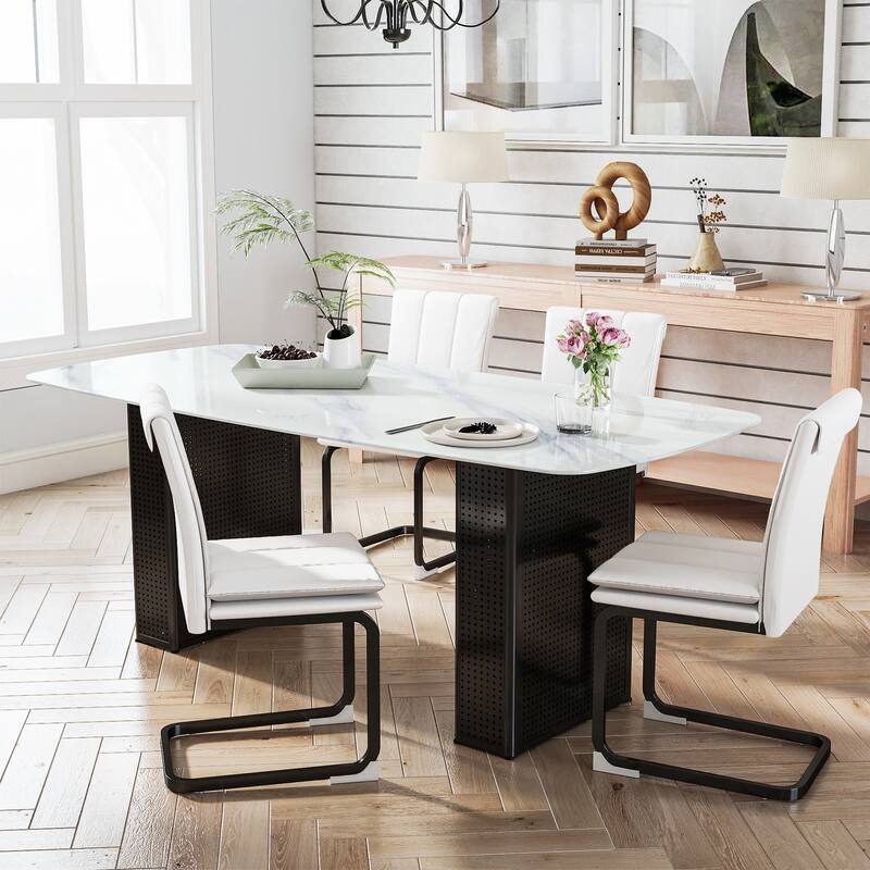 Modern Marble-Patterned Tempered Glass Dining Table, Rectangular Kitchen Table with Dual-Pedestal Metal Base