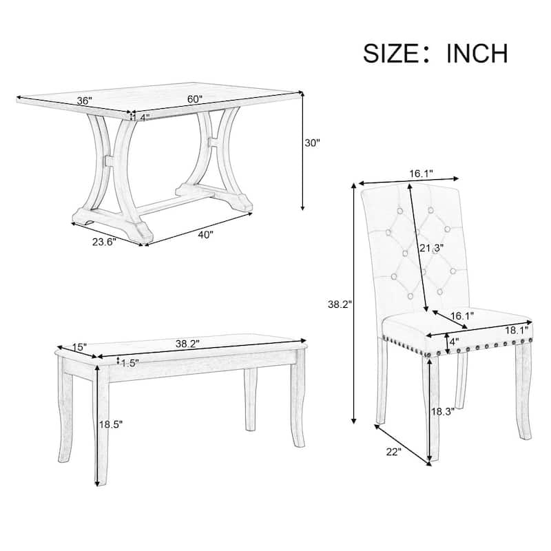 Farmhouse 6-piece Wooden Dining Set with Bench and 4 Upholstered Chairs